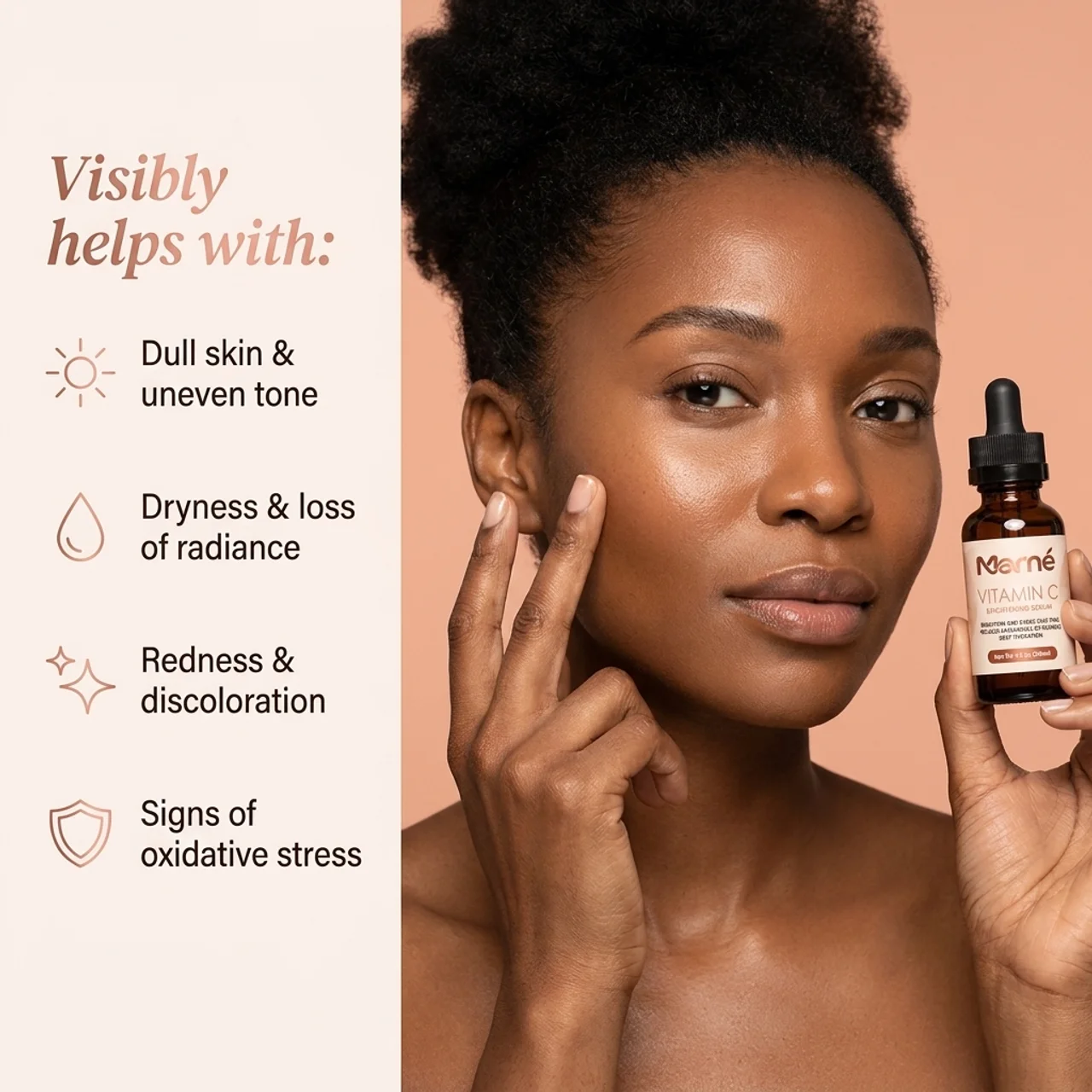 A woman holding the Vitamin C Brightening Serum beside her cheek