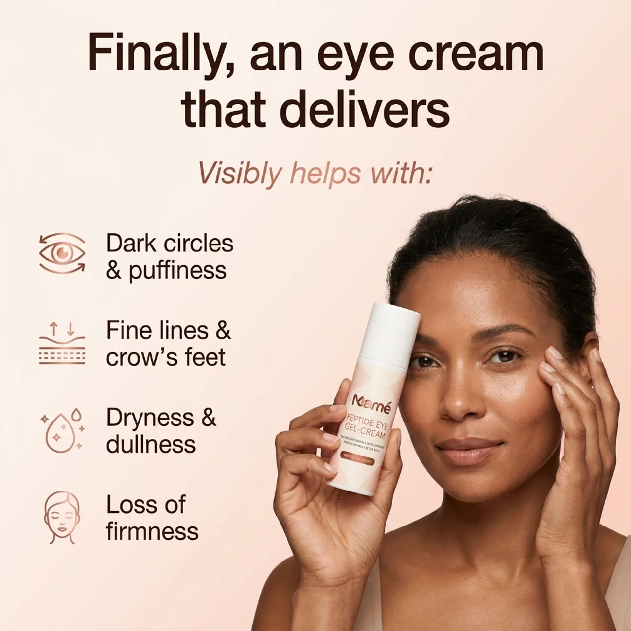 A woman holding the Peptide Eye Gel-Cream beside her cheek