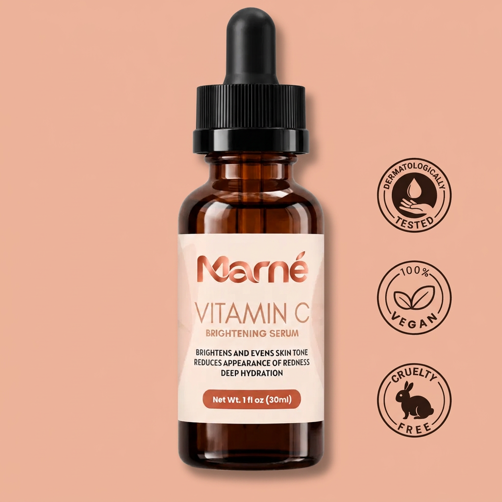 Marné Vitamin C Brightening Serum with dermatologically tested, vegan and cruelty-free icons