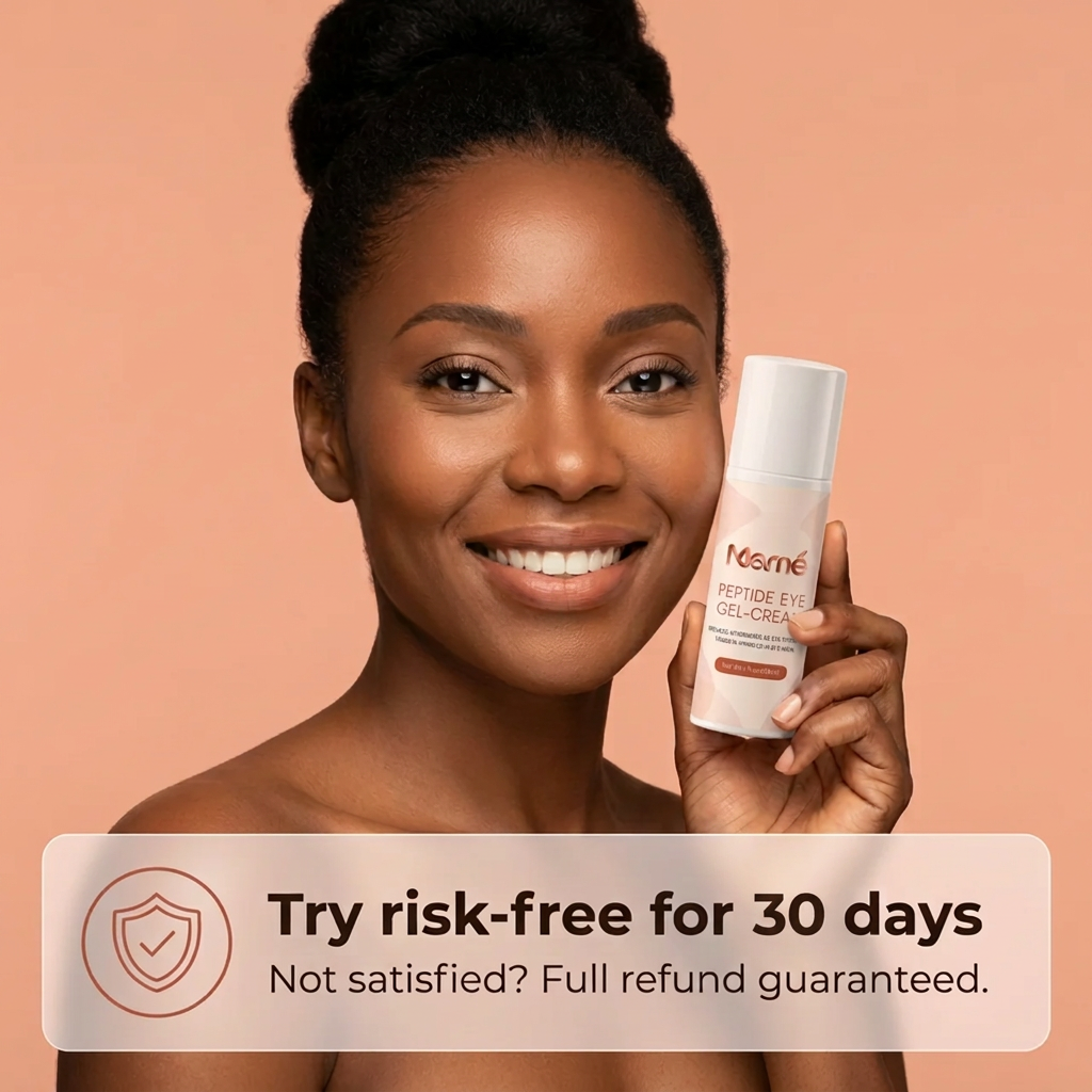 A woman holding the Peptide Eye Gel-Cream with a 30-day money-back guarantee banner
