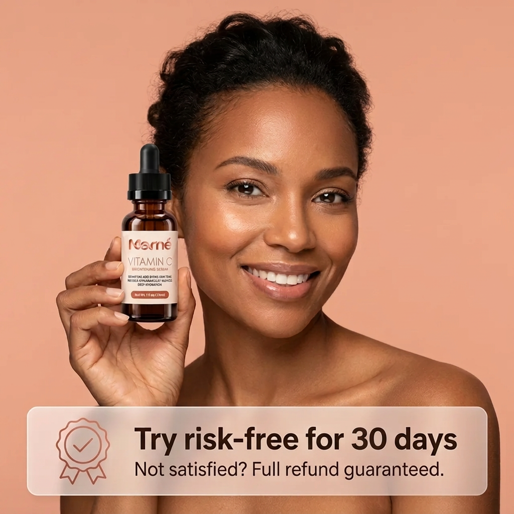 A woman holding the Vitamin C Brightening Serum with a 30-day risk-free guarantee banner